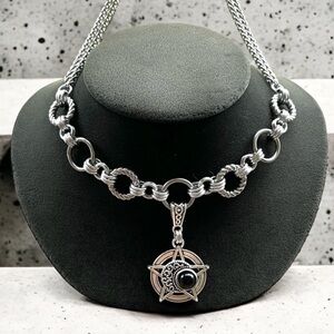 Handmade stainless steel necklace double wheat chain onyx moon pentagram charm